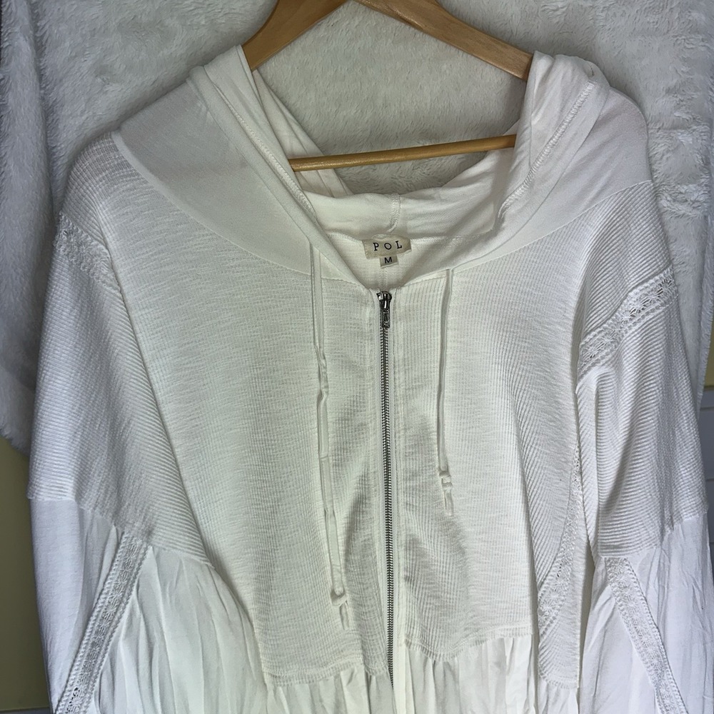 POL Oversized Beachy Lace Trim Full Zip Hoodie White Balloon Sleeve Boho M Light - Picture 10 of 13
